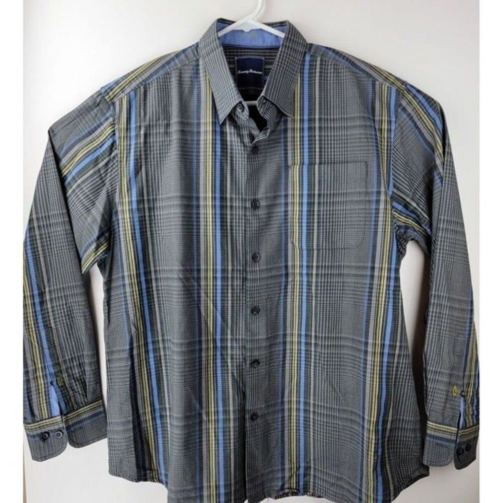 Tommy Bahama Mens Large Grey Yellow Blue Striped LS Button Up Shirt